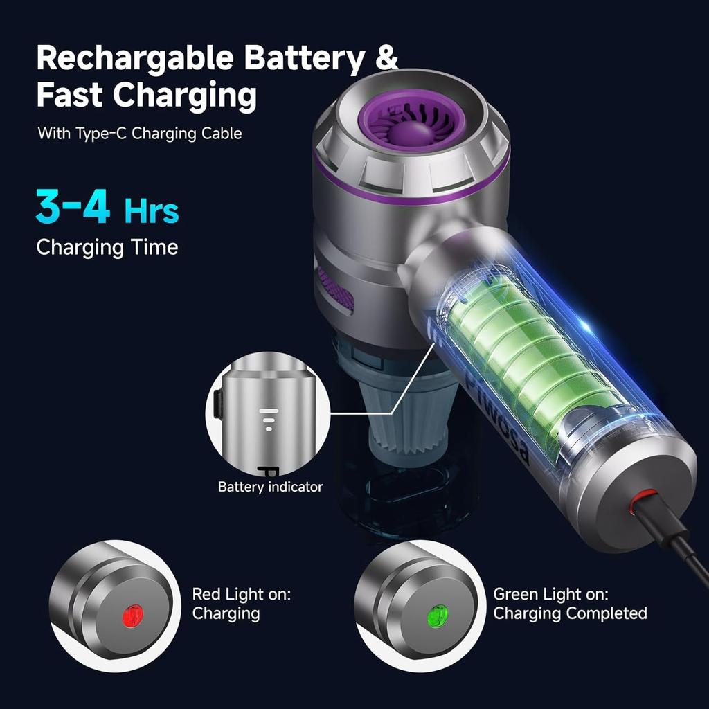 Handheld Vacuum Cordless, Car Vacuum Cleaner with Brushless Motor, Strong Suction Vacuum & Compressed Air Dusters with LED Light, Type C Port,