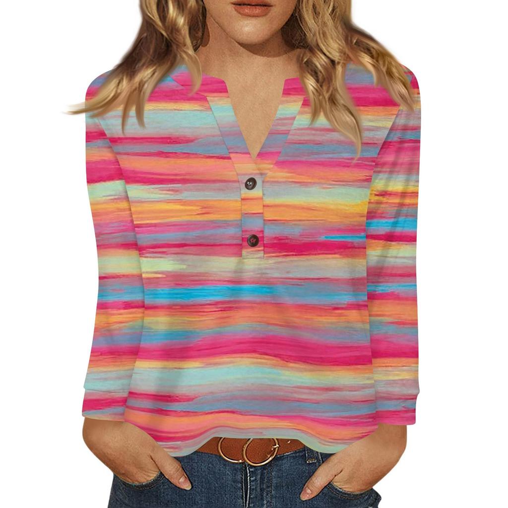 Damen T-Shirt Print Knopf Langarm Täglich Wochenende Mode Basic V-Ausschnitt Regulär Oberteil