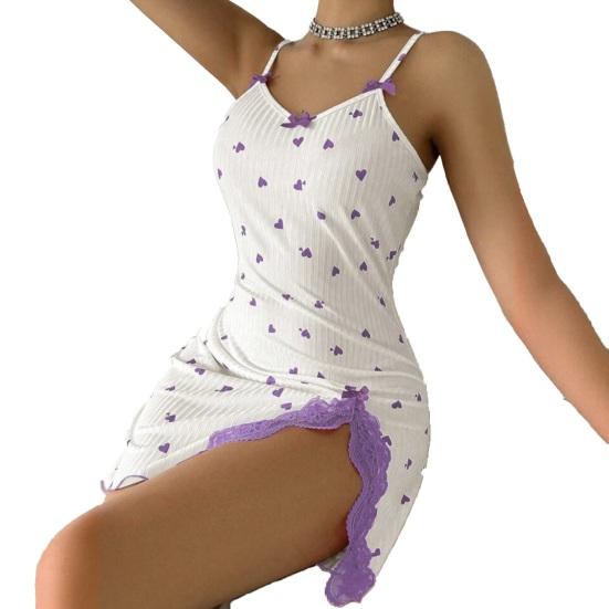 Women's Lace Trim Side Slit Cami Sleep Dress Cute Heart Print Sleeveless Ribbed Nightgown Sexy Spaghetti Strap Summer Loungewear