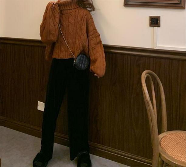 2024 Autumn/Winter Korean Style High Neck Cable Knit Pullover - Loose Fit for Students, Trendy and Lazy Style