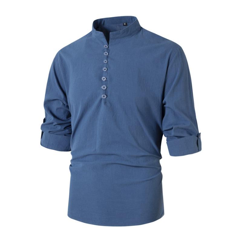 Fashionable Retro Men's Spring Autumn Cotton Linen Stand Collar Slim Fit Casual Shirt Long Sleeved Shirt