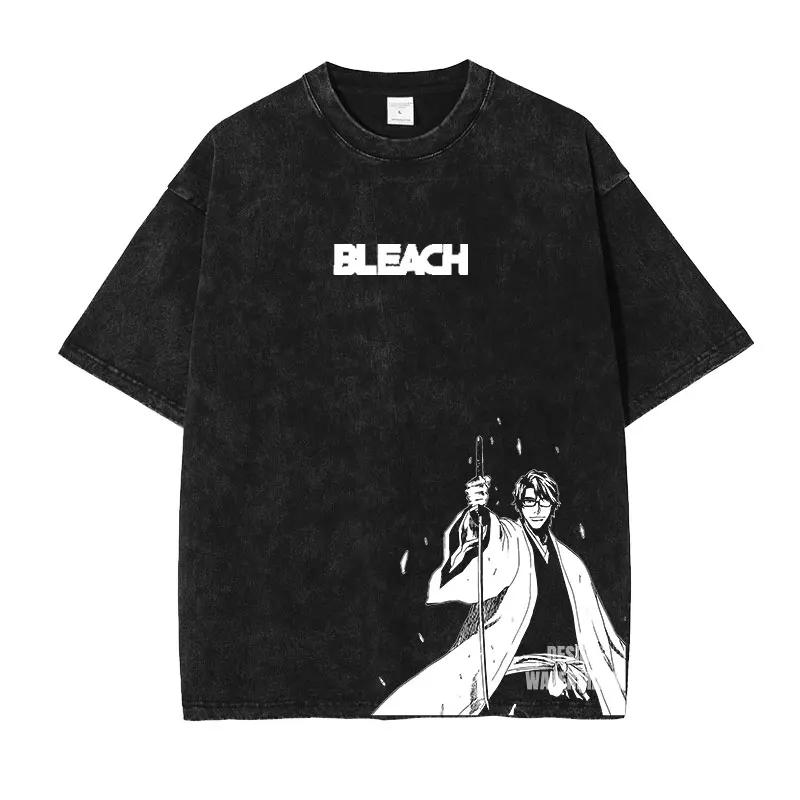 Anime B-Bleach T Shirts Vintage Washed Kurosaki Ichigo T-shirt Streetwear Manga Renji Zaraki Kenpachi Tops Tees Man