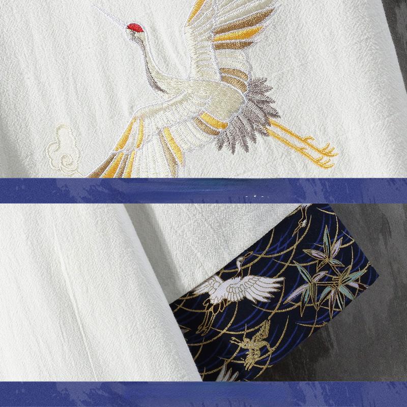 Camisetas con bordado de grullas para hombre, ropa tradicional de estilo japonés, camisas de lino de manga corta con cuello mandarín para hombre