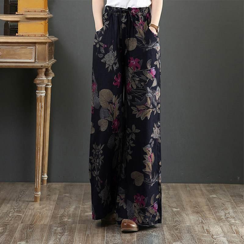 Pantaloni cu imprimeu floral Pantaloni largi din bumbac cu talie inalta