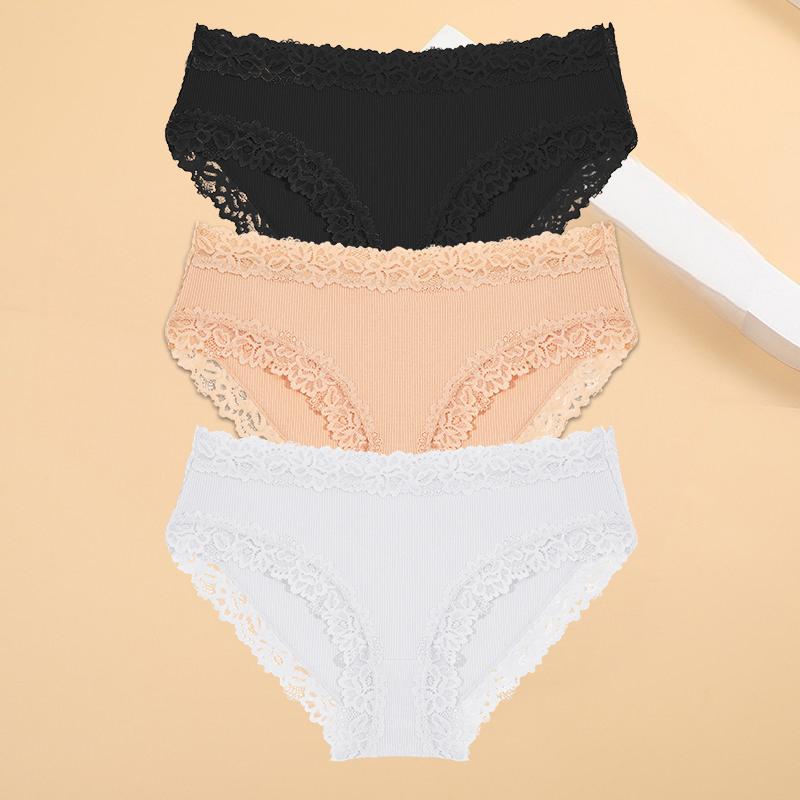 FINETOO 3 bucăți/set lenjerie de corp din bumbac pentru femei, sexy din dantelă, cu nervuri, cu flori, bikini, respirabil, solid, cu spatele în T, S-XL, chiloți sexy din dantelă