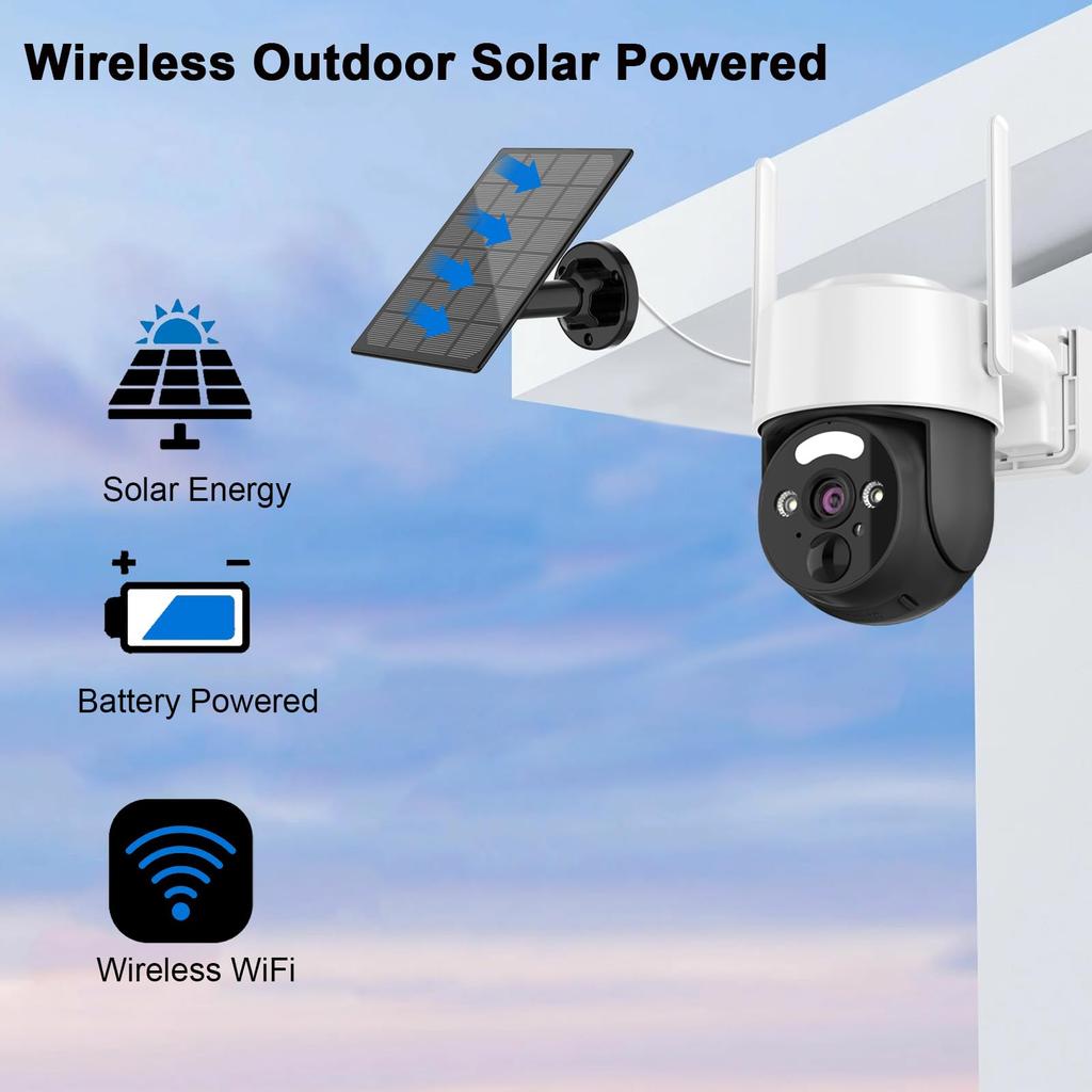 BlessFly 2K Solar Security Wireless Outdoor WiFi Camera for Home 8000mAh Color Night 3W Solar PIR Easy Installation Camera, Pan-Tilt 360° Security,