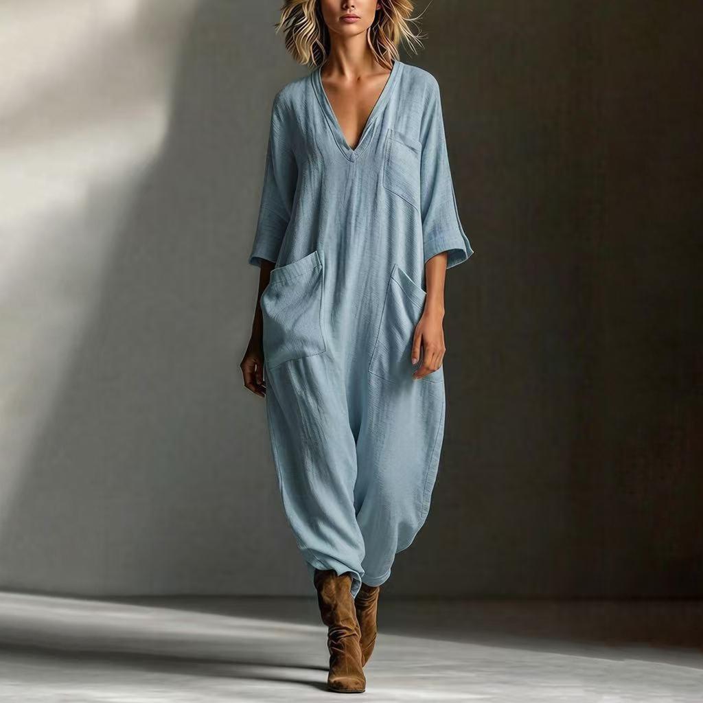 Women's Fashionable And Casual Buttoned V-neck Half Sleeve Pocket Jumpsuit
