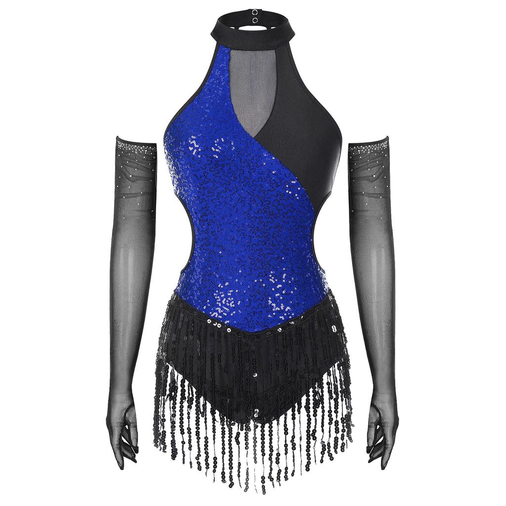 Womens Latin Figure Skating Jumpsuit Sleeveless Sequined Tassel Leotard Bodysuit Matching Mesh Gloves