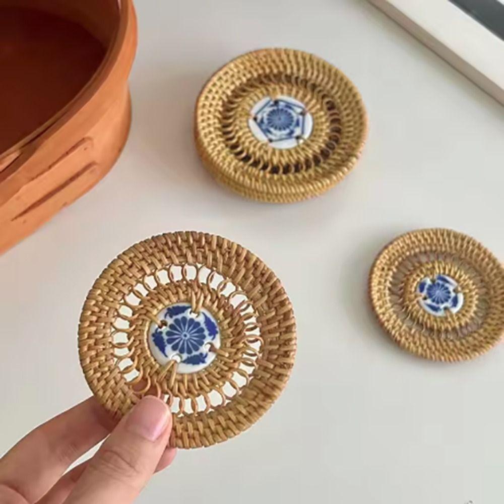 Handgefertigter vietnamesischer Rattan Keramik Untersetzer Rattan Geflecht Getränkebecher Matte Teekannenmatte Handwerk