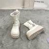 Skinny Martin Boots Women's 2025 Autumn and Winter New European Station Round Head Sewing Line Heightened Mid-heel Fashion Boots Look Thin