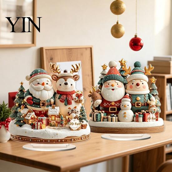 Seasonal Home Accents Christmas Village Houses Table Decoration, Snow Scene Patterns 2D Acrylic Santa Claus Hanging Decor Ornament, Decorative
