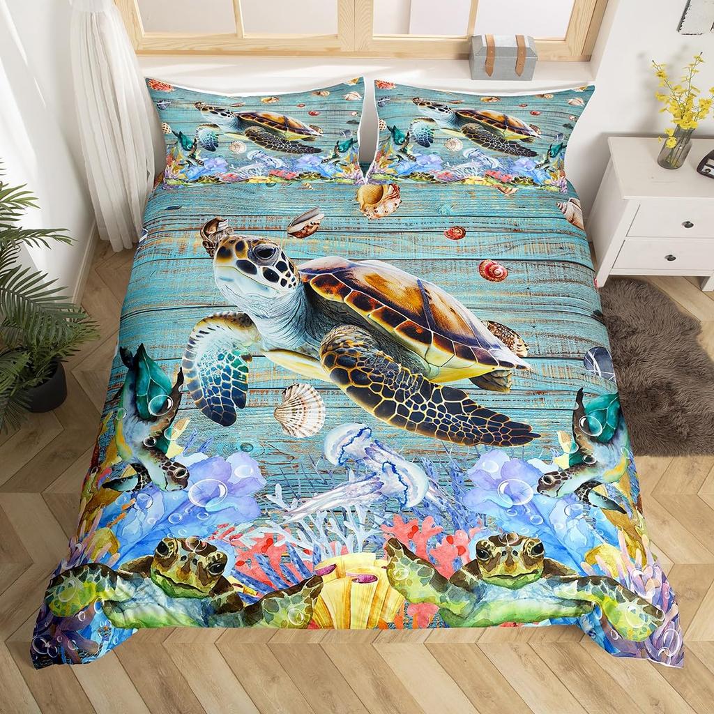 Sea Turtle Duvet Cover Full Size,Ocean Bedding Set for Kids Teens,Beach Comforter Cover,1 2 Pillowcases 3 Piece for Teens Boys