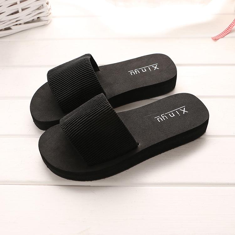 2019 Korean Platform Sandals: Stylish One-Strap, Solid Color, Versatile Home Slippers