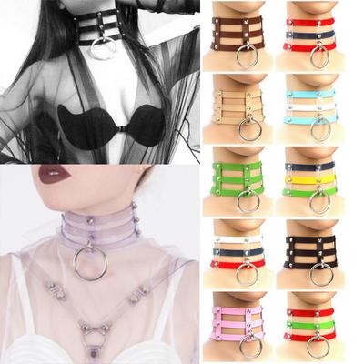 Gotický náhrdelník z PU kůže Punk 3 ŘADY O Prsten klíční kost obojek Rock Belt Nastavitelný límec Choker Cosplayer příslušenství