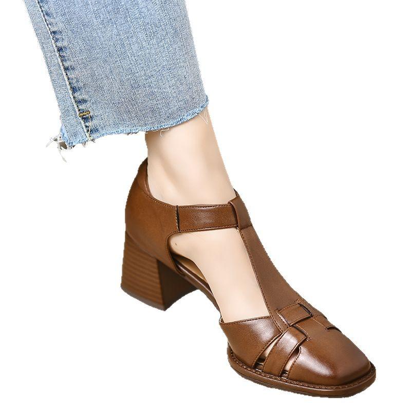 French Retro Square Head Thick Heel Pig Cage Sandals 2025 Spring and Summer Foreign Trade New Bag Bag Heel Fashion Women's Sandals