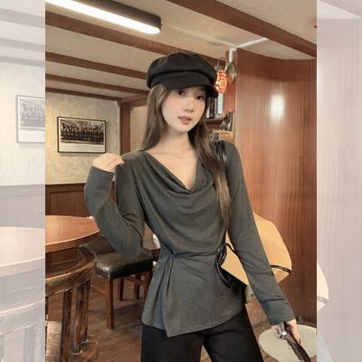 Spring Autumn One Word Collar Solid Collar Folds T-shirt Women Long Sleeve Waist Casual All-match Pullover Tee Top
