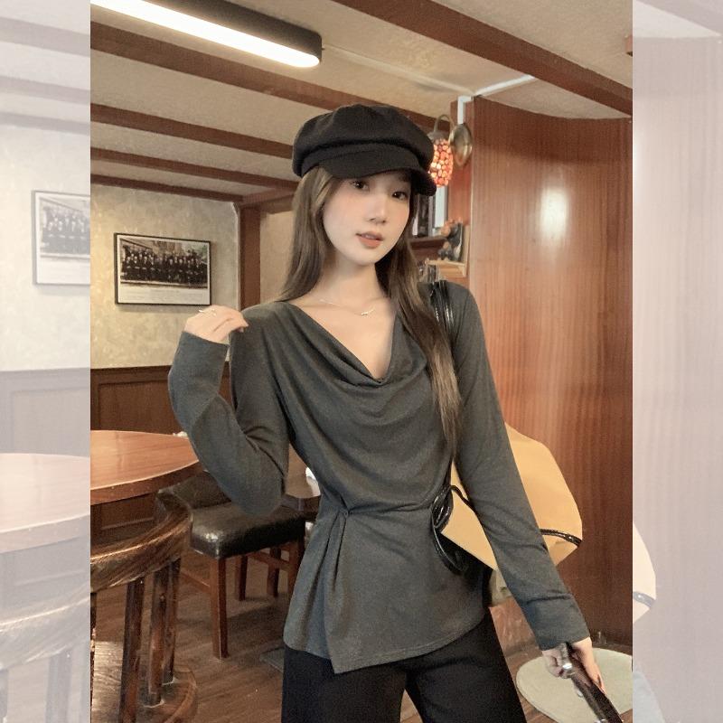 

Spring Autumn One Word Collar Solid Collar Folds T-shirt Women Long Sleeve Waist Casual All-match Pullover Tee Top S сірий