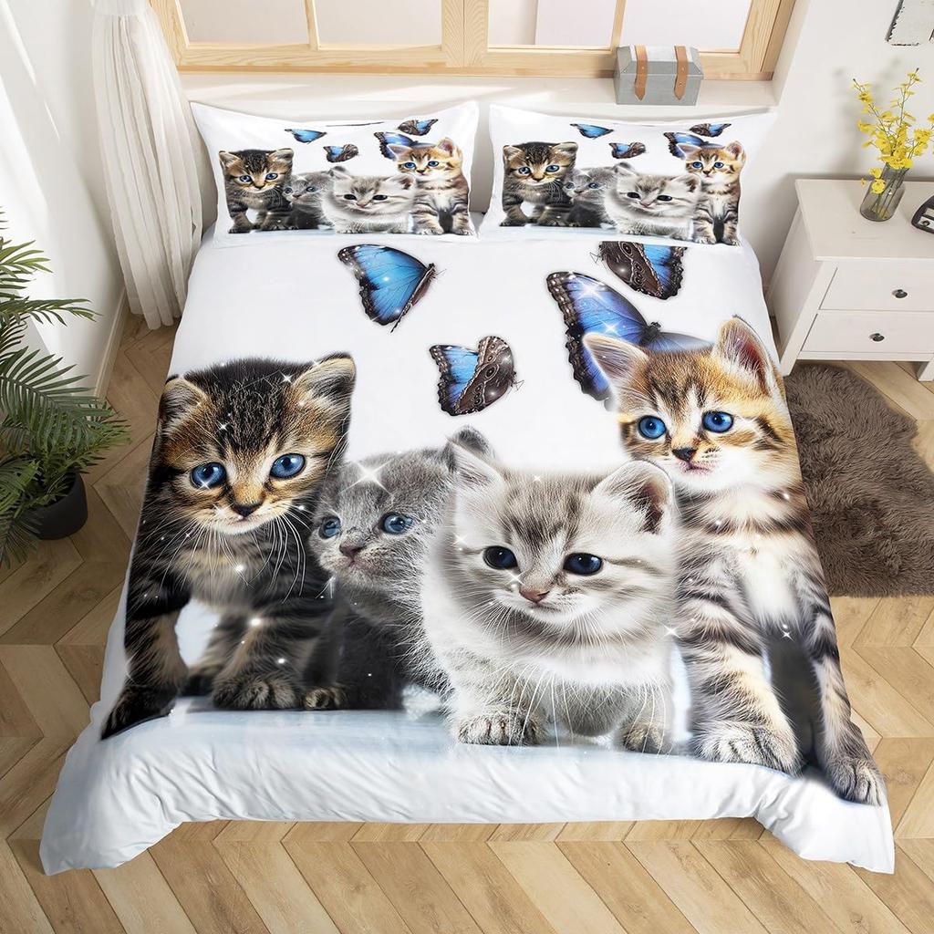Cat And Butterfly Duvet Cover Sets Lightweight Quilt Cover With 2 Pillowcases Colorful Butterfly Animal Pet Theme Bedding Sets
