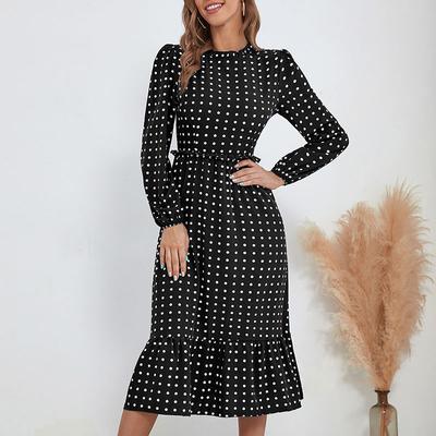 Women's Retro Dot Printed Long Dress Summer Spring Long Sleeve High Waist Casual Dresses