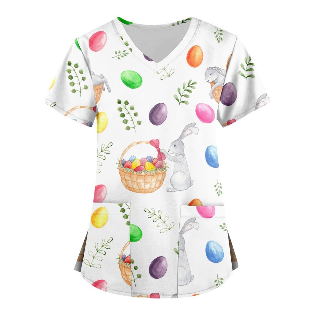 Women's Fashion V-neck Short Sleeve Workwear With Pockets Printed Tops
