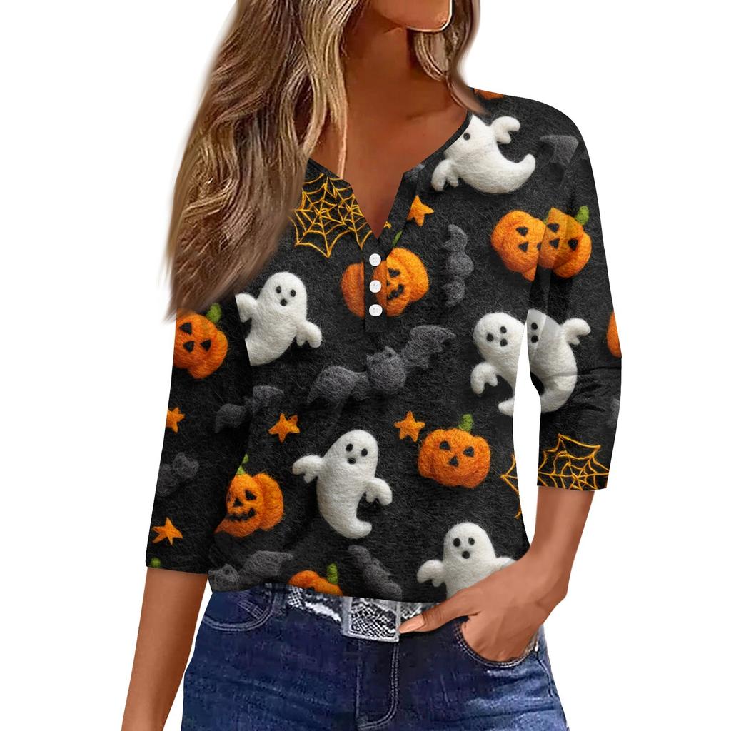Women's T Shirt Tee Print Button  3/4 SleeveDaily Weekend Fashion Basic V- Neck Regular Top