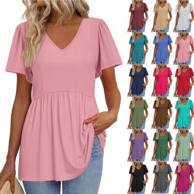 Women's Loose Casual Color V-Neck Short Sleeved T-Shirt Top