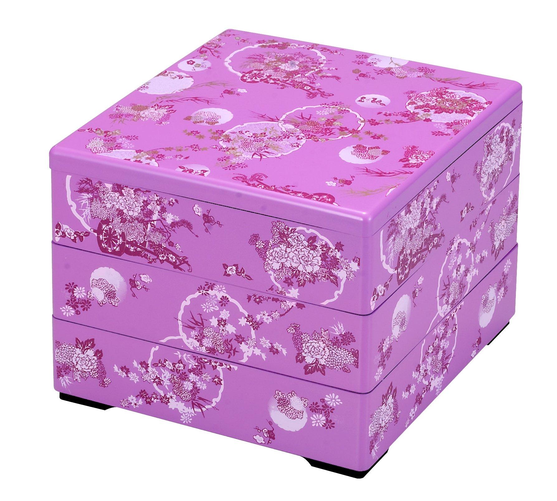 

Wakaizumi Lacquerware, 3-Tiered Box, 6.5 inches, Pink Flower and Circle Design (Black Interior), H-150-56A