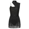 Womens Cutout Sleeveless Latin Dance Leotard Shiny Sequins Contrast Color Patchwork Fringed Bodysuit