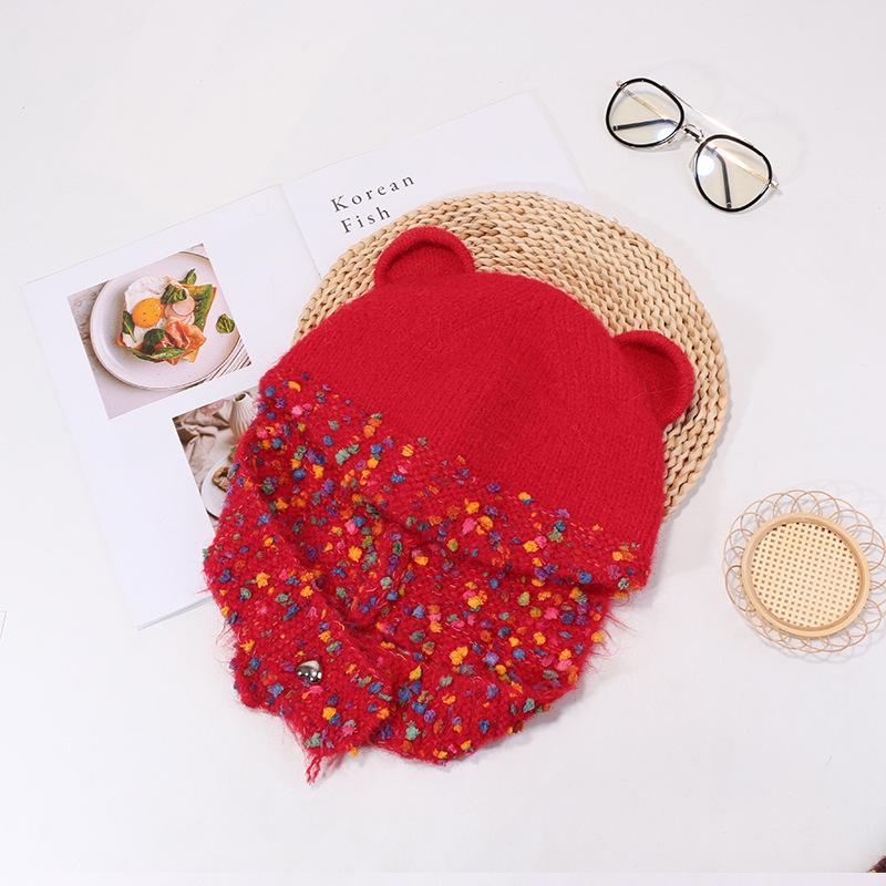 

Cute Bear Rainbow Candy Bean Hat Scarf One Piece Knitted Hat Women s Autumn and Winter New Versatile Ear Protection Wool Hat Trend M（56-60cm）