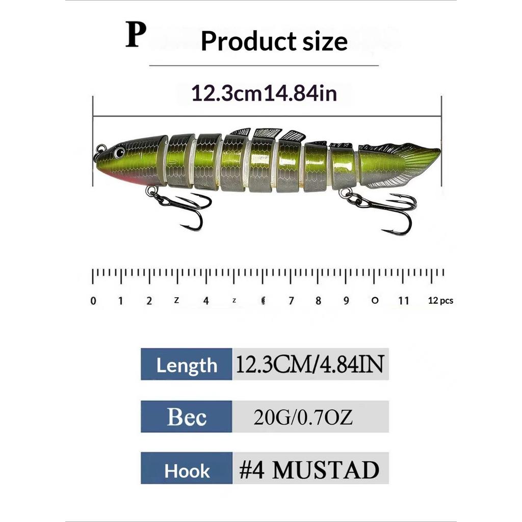Eight-section bionic pike lure with realistic swimming action. Sharp hooks for solid hooksets, ideal for catching aggressive freshwater predators.