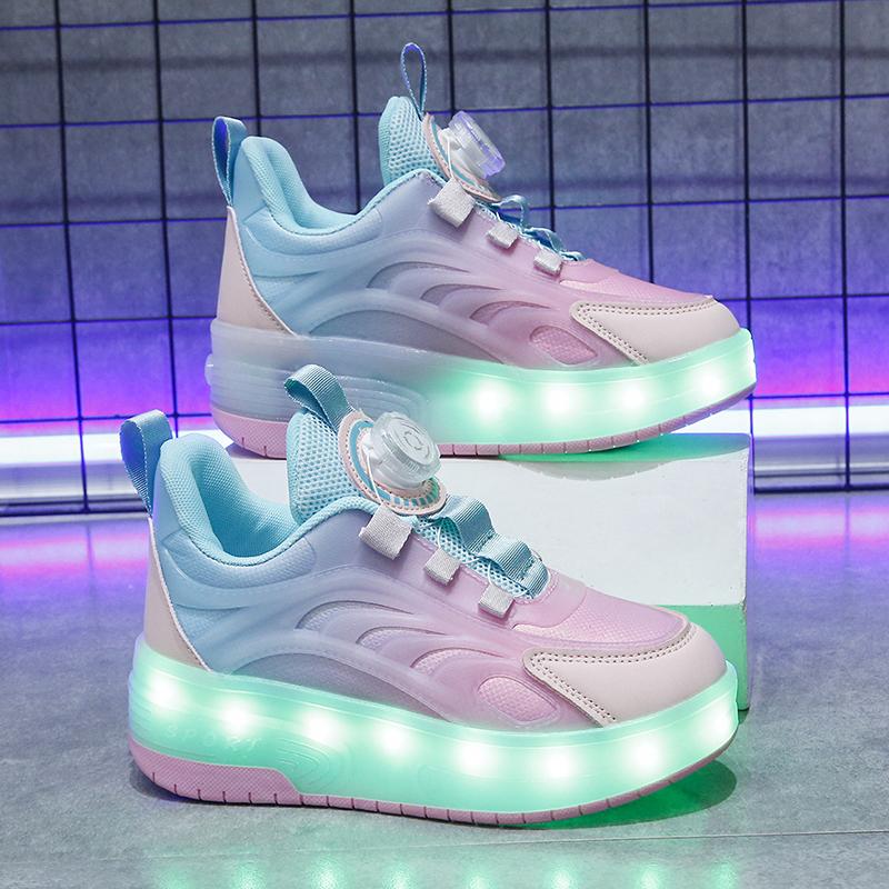 29-38 Children's Plus Size Fashionable Two Wheel Disassembly Into Flat Sports Shoes LED Illuminated Sports Shoes Ice Skates