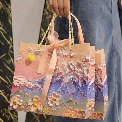1pc Romantic Clouds, Mountains, Floral Pattern 3D Gift Bag, Pink, Birthday Party Holiday Thanksgiving Gift Bag, Birthday Gift Packaging Tote