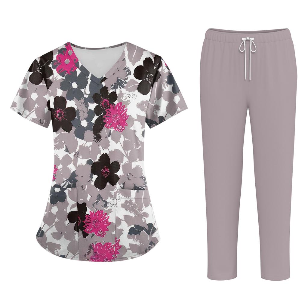 Plus SizePrinted Scrub Working Uniform Tops For Women's Cross V-Neck Halloween Print Short Sleeve Fun T-Shirts Workwear Tee With Pockets