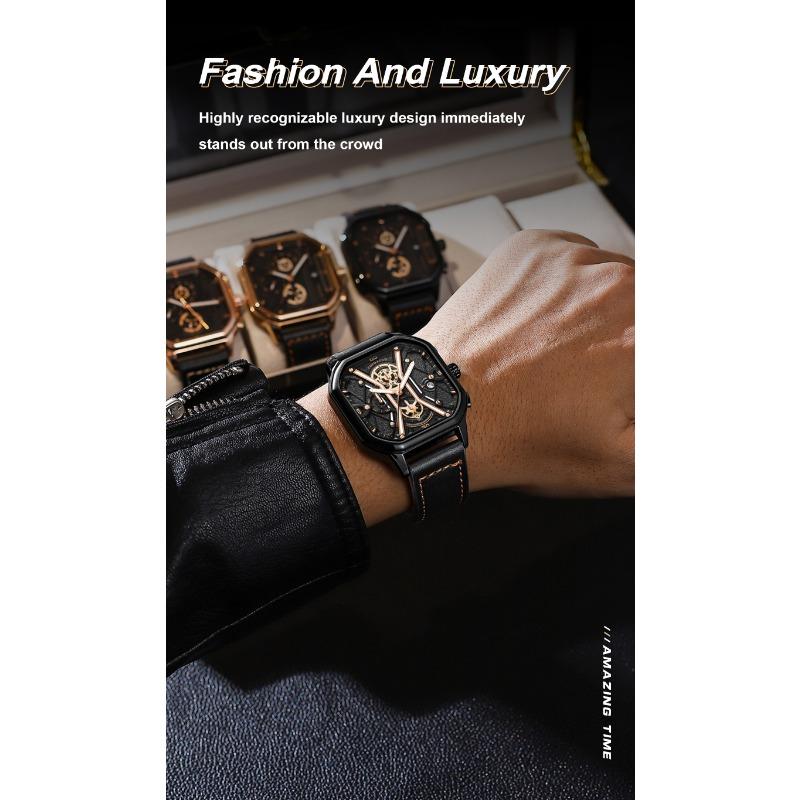 POEDAGAR Fashion Men Wristwatches Luxury Chronograph Luminous Waterproof Date Watch Square Dial Leather Quartz Watches
