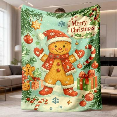 2026 Latest Flannel Blanket Classic Gingerbread for Man Flannel Blanket Festive Candy and Pine Print, AllSeason Comfort & Softness for Sofa, Bed, Car,