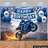 2D flache Strecke Motorrad Geburtstag Hintergrundtuch blauer Himmel und weiße Wolken Rennszene, blaues Motorrad aufgebockter Kopf