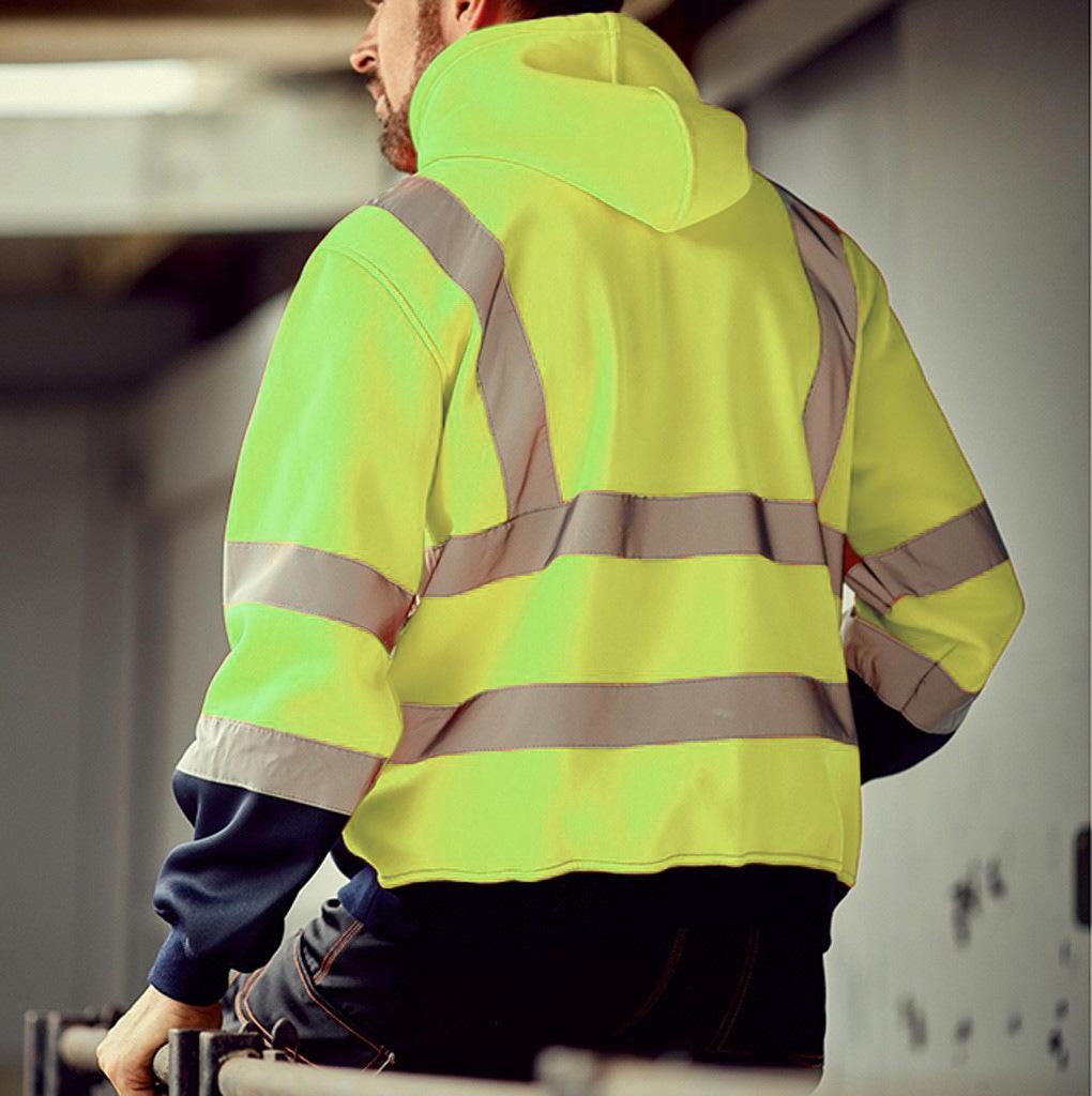 Fleece-lined Outdoor Sanitation Workwear Men's High Visibility Reflective Strip Zipper Color Blocking Hooded Sweatshirts