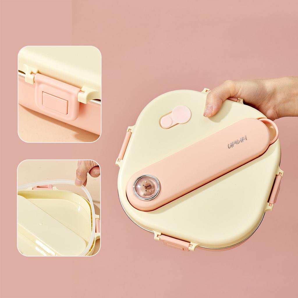 3/4 Grid Portable Square Lunch Container With Cutlery Capybara 304 Stainless Steel Divided Lunch Box For Kids Student Heatable