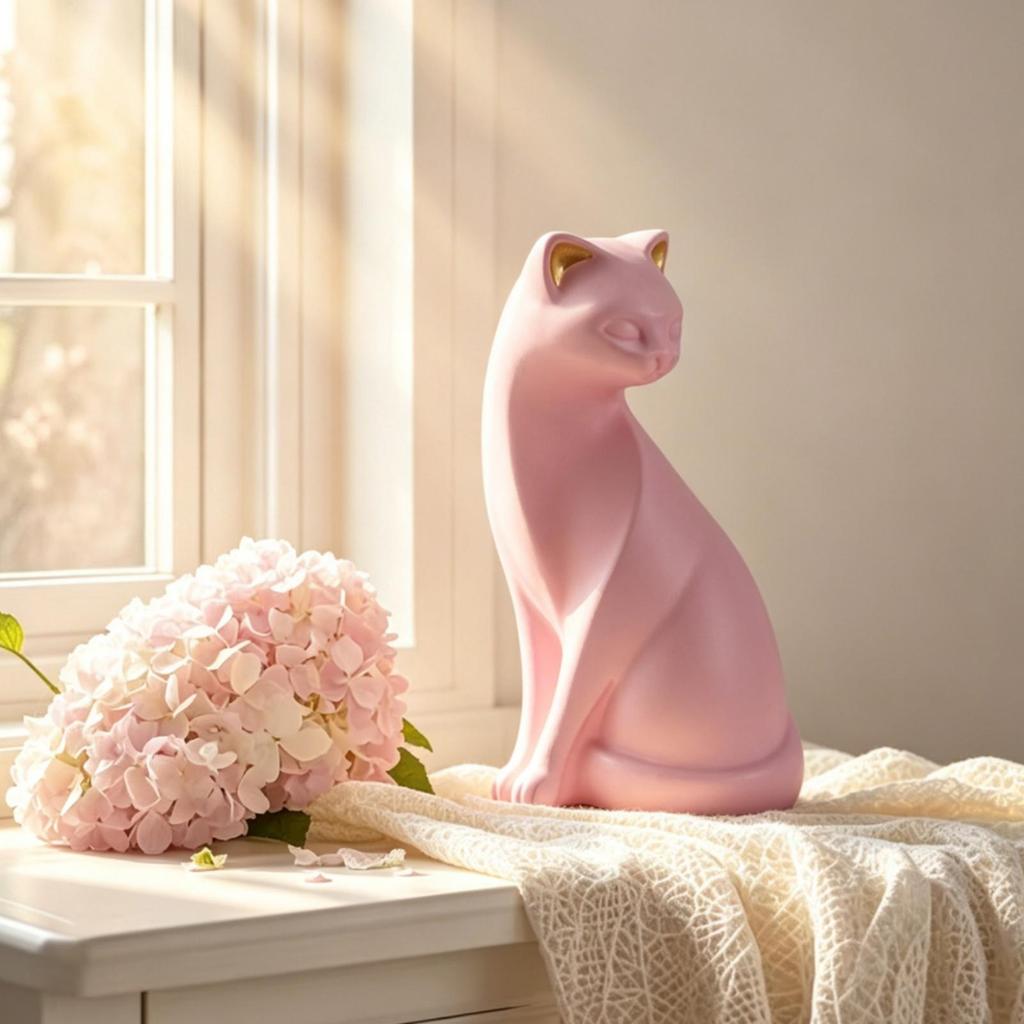 Coral Cat Figurine Matte Finish Resin Statue Minimalist Home Decor Decoration for Tabletop,