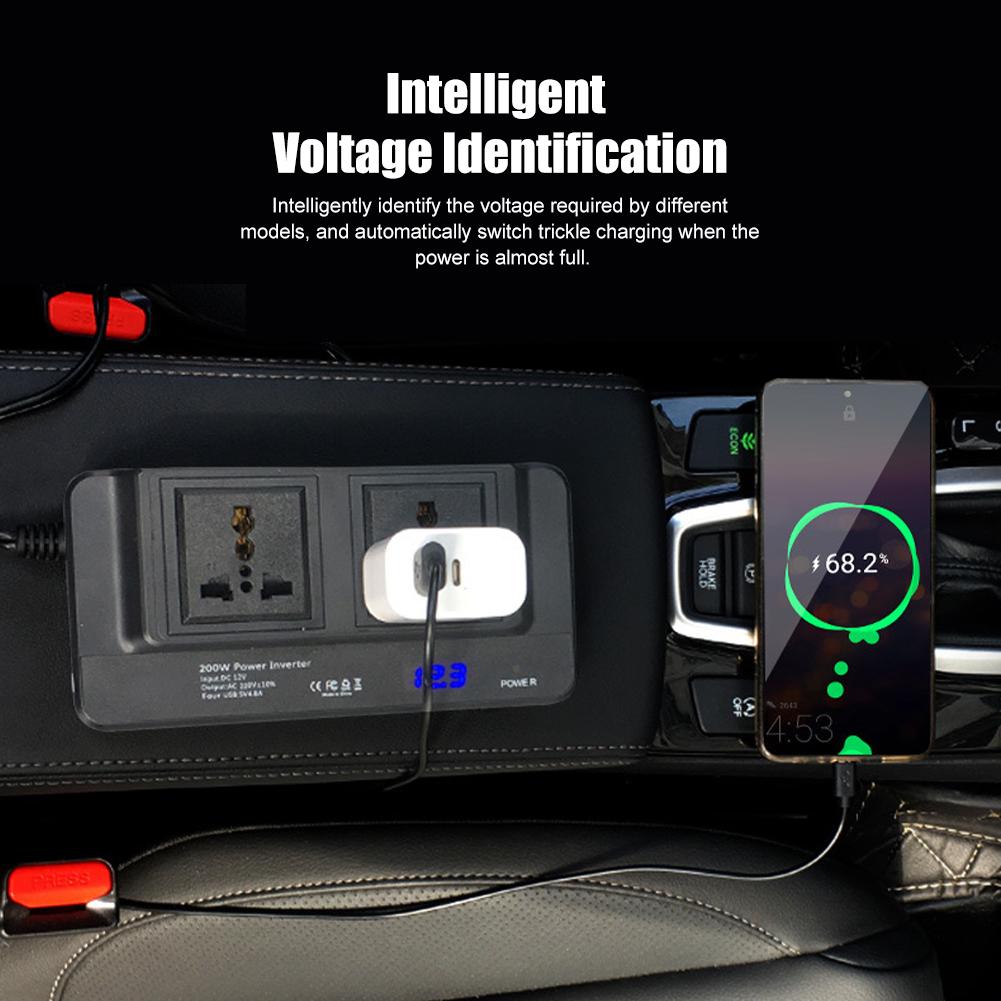 200 W Auto-Wechselrichter DC 12 V auf AC 110 V 220 V Modifizierter Sinus-Netzteil 4 USB-Schnellladebuchse Universelle US-/EU-Steckdose