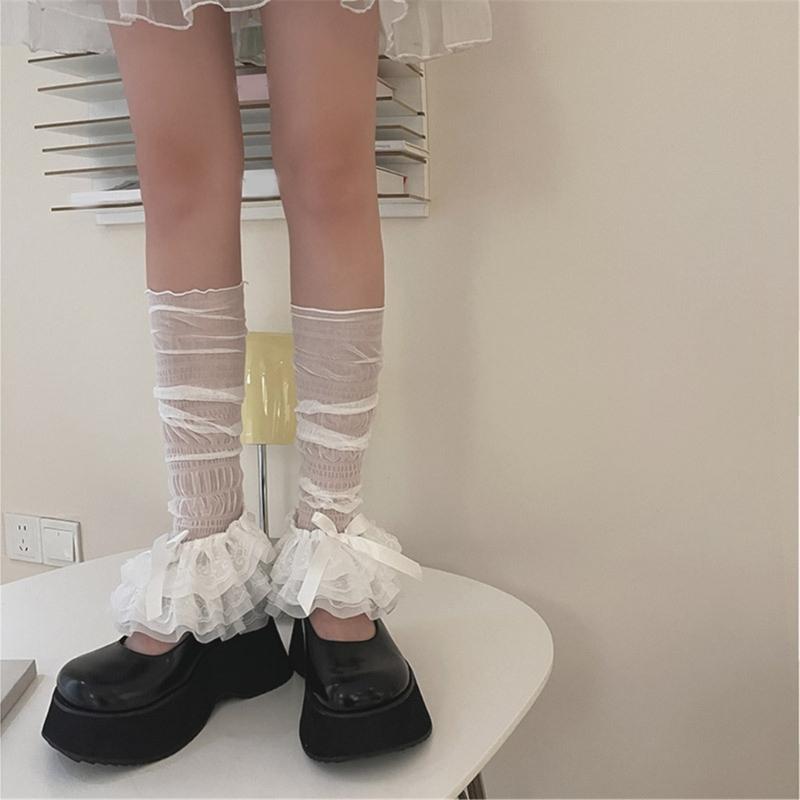 Vintage durchsichtiger Netz-Beinwärmer-Ärmel für Damen Elegante gestufte Rüsche Spitze Schleife Ausgestellte lockere Beinabdeckung Lange Socke