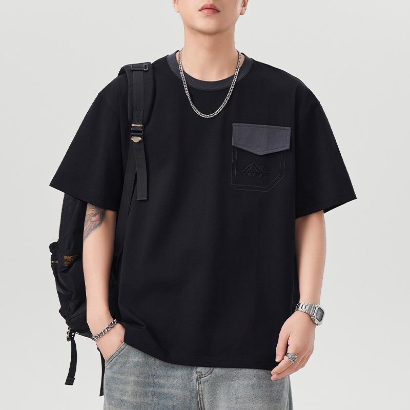 New Summer Heavy Round Neck Pocket Short-sleeved T-shirt for Men Loose Five-point Sleeve Japanese Retro