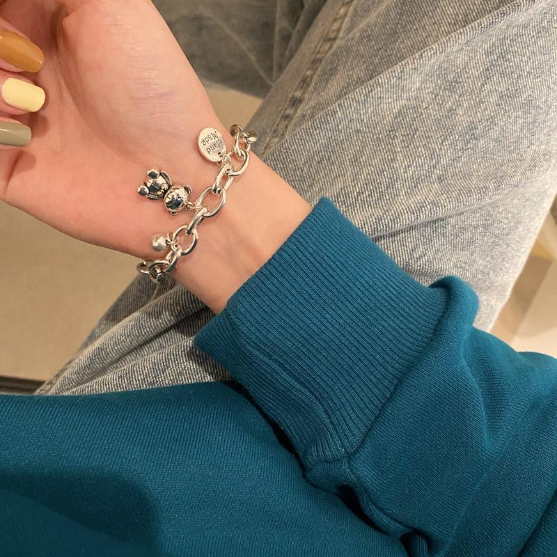 Sterling Silver S925 Silver Bracelet Letter Round Plate Niche Retro Bestie Bracelet Female Cute Korean Version Birthday Gift Bear Bracelet