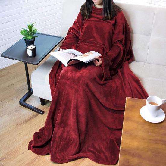 Winter Wearable Blanket with Big Pocket Anti-static Thick Coral Fleece Loose Long Sleeves Solid Color Heat Retention Full Protection Home Blanket