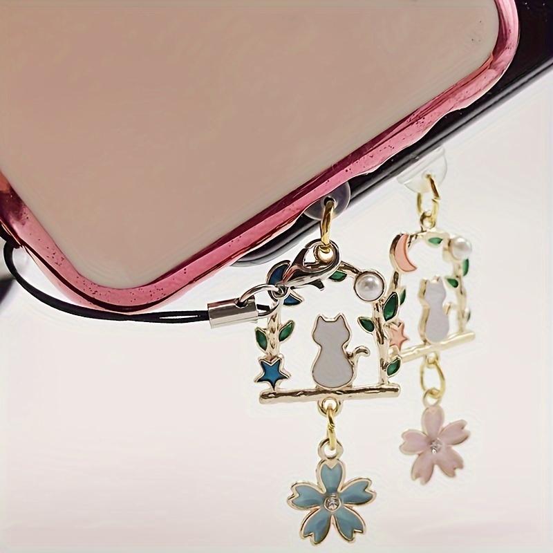 Mobile Phone Dust Plug, Metal Fashion Flowers & Cat Pendant Dust Plug - Decorate Your Phone! Send Rope