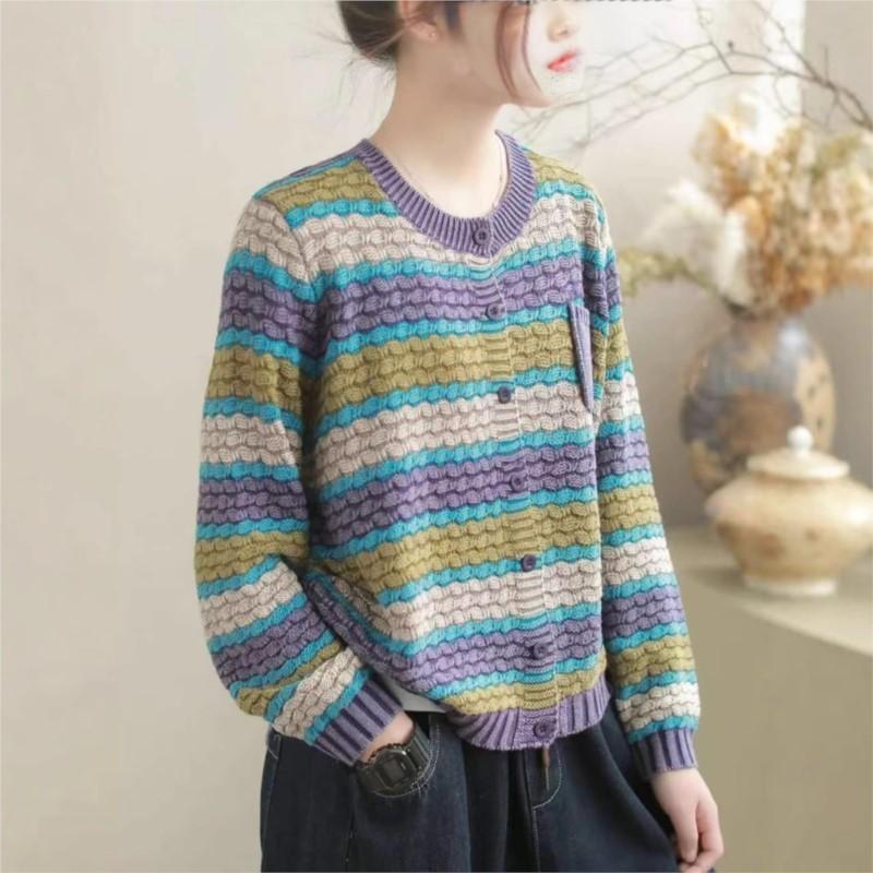 Johnature Women Vintage Knitted Sweaters O-Neck Long Sleeve Striped Spring Soft Patchwork Pockets Sweaters