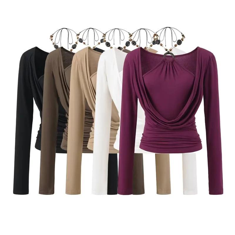 Chic Two-Piece Illusion Halter Neck Beaded Long Sleeve Ruched Top for Fall