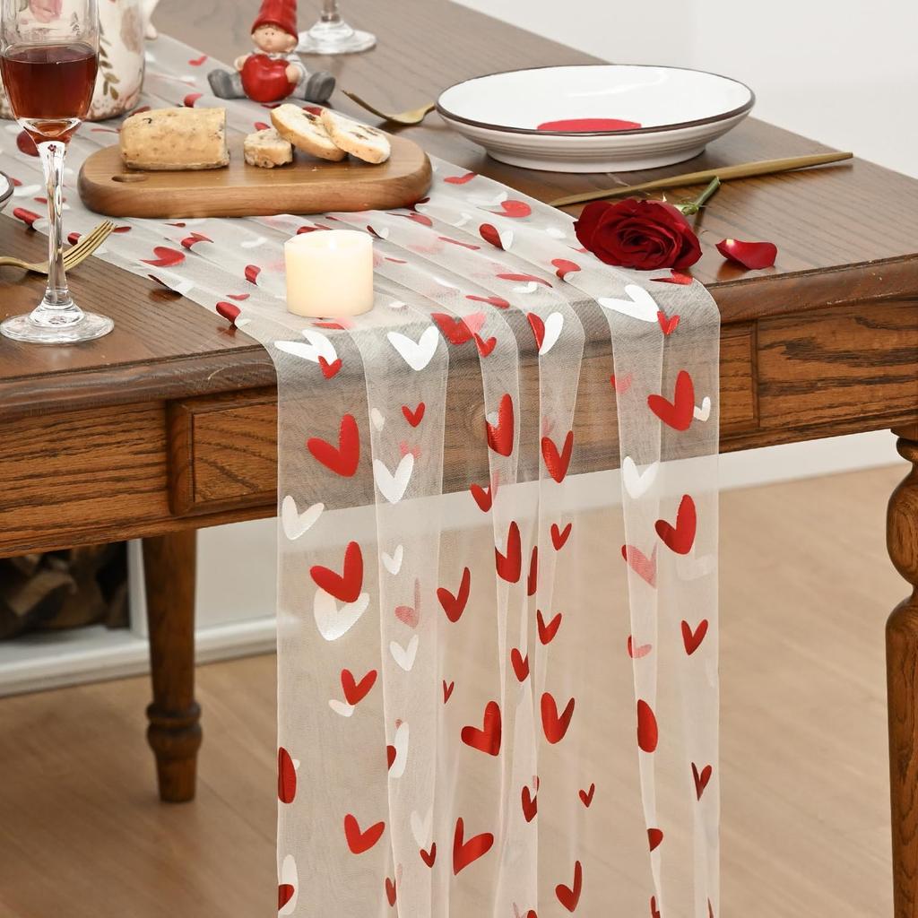 Artoid Mode Pink Heart Gauze Table Runner 120 Inch 10FT,Glitter Metallic Foil Valentine’s Day Sheer Dining Anniversary Wedding Table Decor for Home