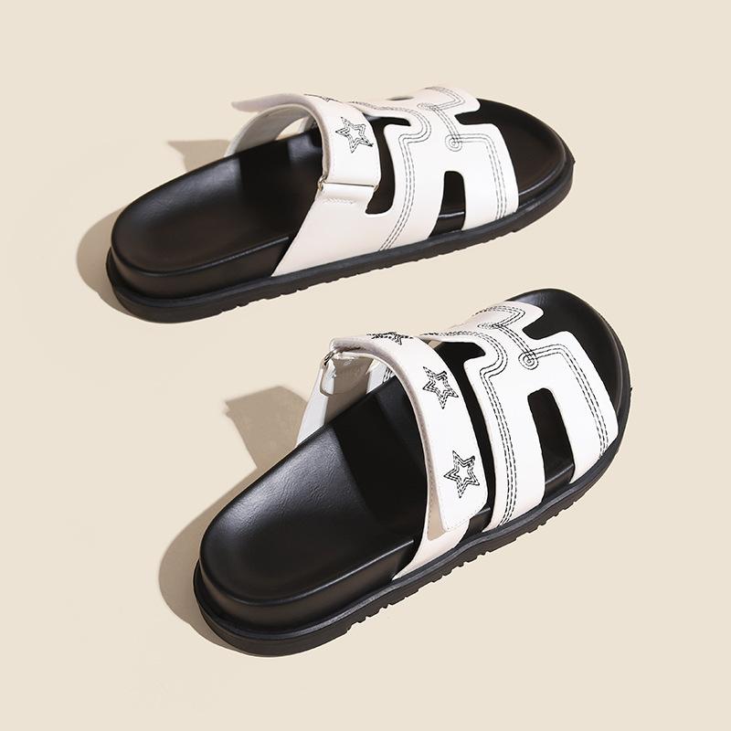 Su Yinyin's Second Uncle Slippers of the Same Style, Women Wear Ugly and Cute Leather H Slippers, Five-pointed Star Velcro One-word Drag Women