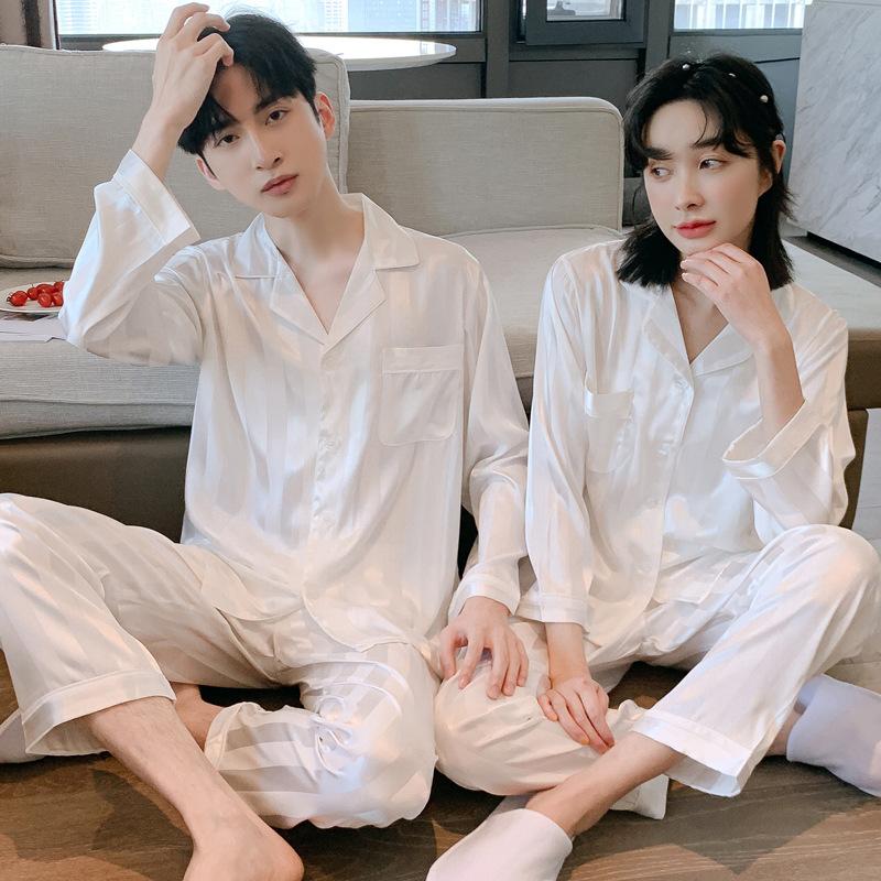 Wide White Couple Pajamas Women's Ice Silk Long-sleeved Men's Casual Plus Fat Summer Thin Loungewear Set